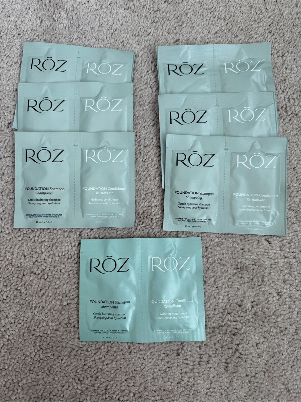 7 RŌZ Foundation Shampoo & Conditioner Sample Packs - Green Roz travel